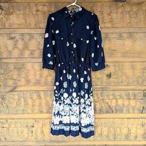 Vintage Breli Originals Dress Women's Size 16 Navy Floral Pleated Skirt